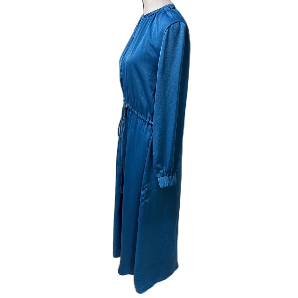 ENVI Blue Silky Elastic Drawstring Waist Long Sleeve Midi Dress Size Small - Picture 3 of 15